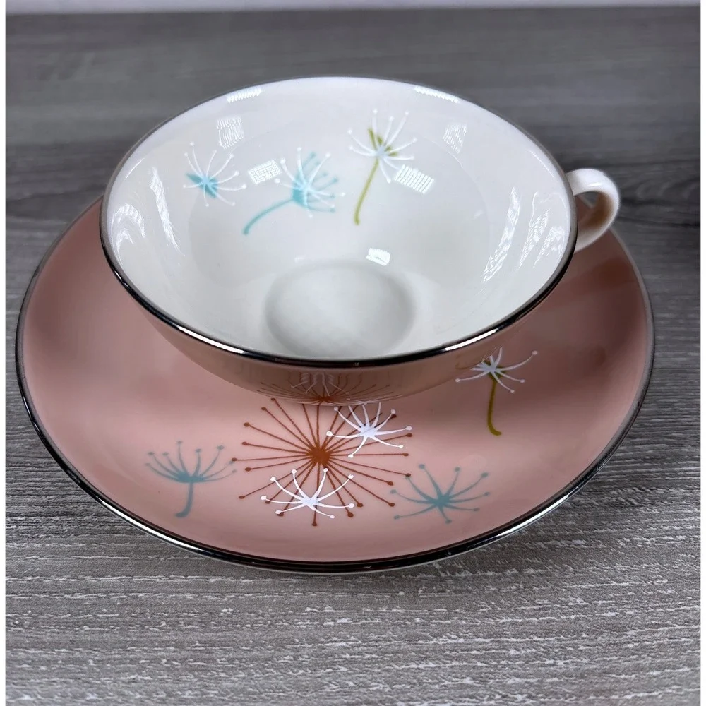 4 Sets Franciscan China Ballet Tea Cup Saucer Pink Dandelion Mid Century MCM